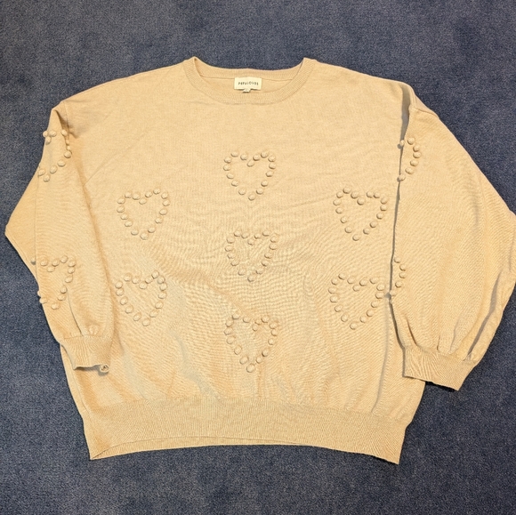 Pepaloves Heart Pom Pom Sweater in Oatmeal - Picture 3 of 6